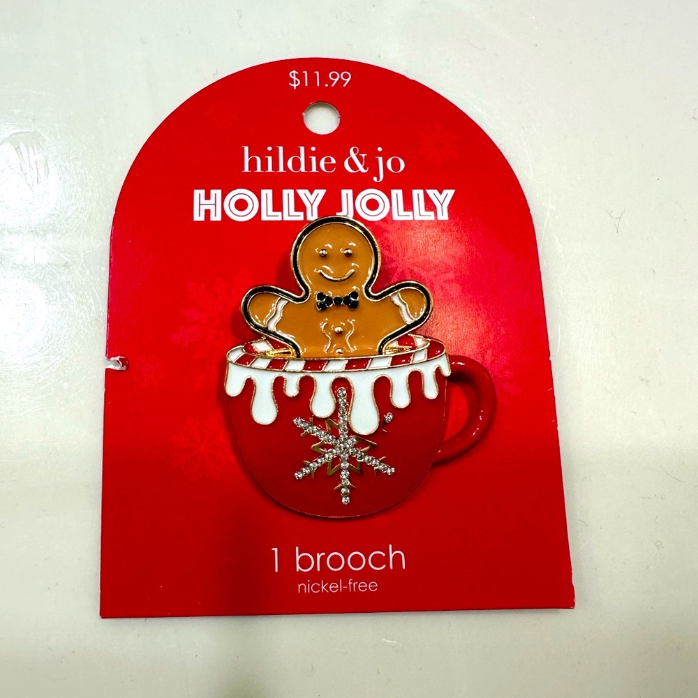 🦋 3/$9 Hildie & Jo Holly Jolly holiday gingerbread man brooch NWT